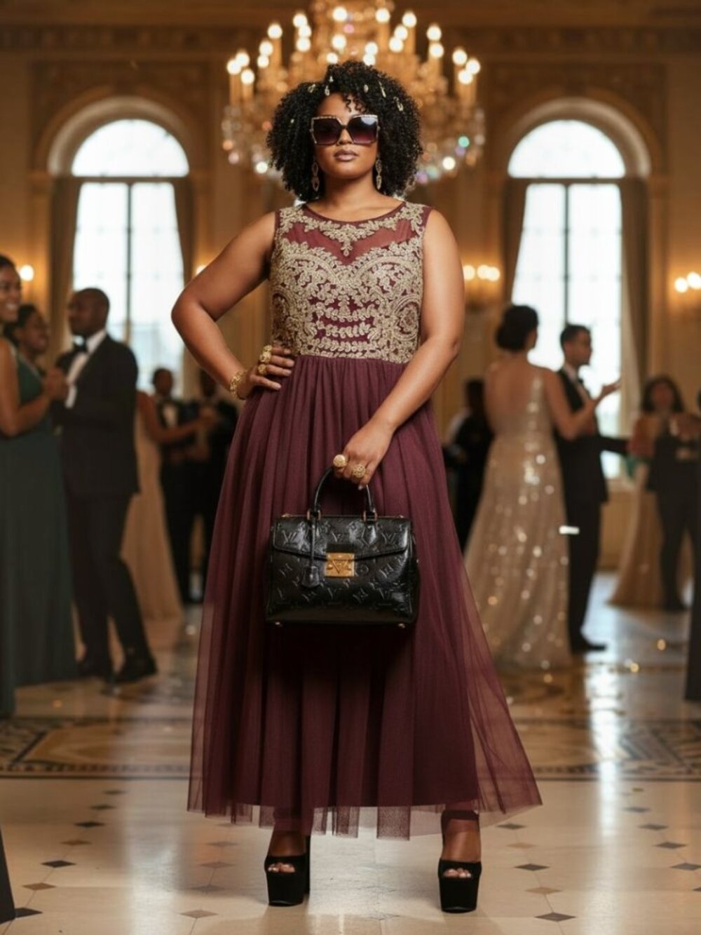 Candalite Women Maroon Tulle Evening Dress with Gold Embellished Bodice Size 3X